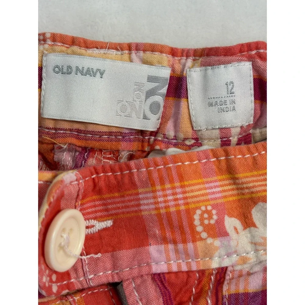 Old Navy Girls Orange Pink Patchwork Plaid Floral Hibiscus Shorts Size 12‎